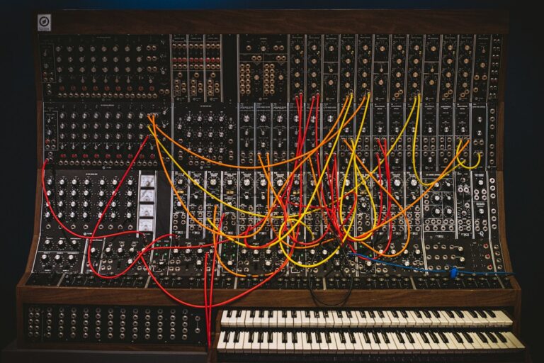 Classic modular analog synthesizer with patch cables dials and voltage controlled oscillators